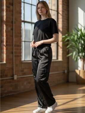 Women’s Black Cargo Satin Jogger Pants